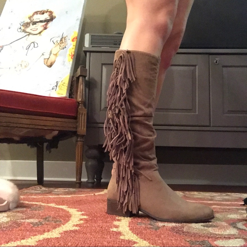 Taupe, Slim Fringe Boots