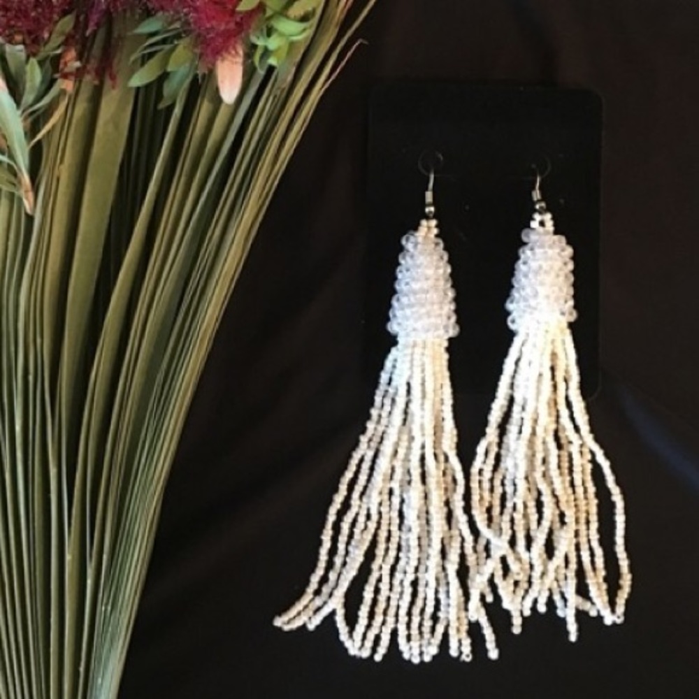 WHITE BEADED TASSEL CLIP EARRINGS