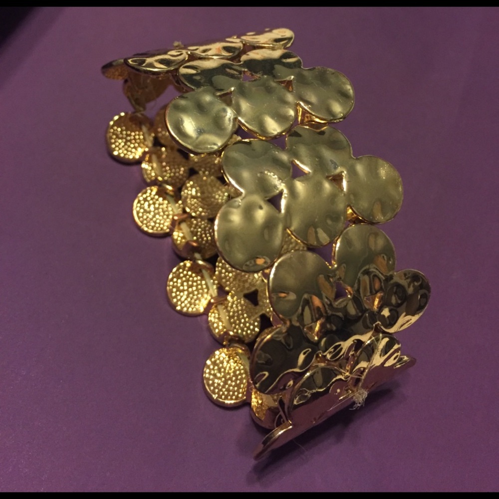 Stretchy gold cuff, hammered metal and dots