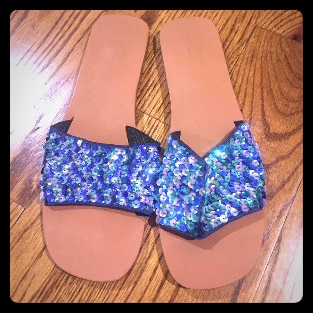 Blue Sequined Flat Sandals - Size 9