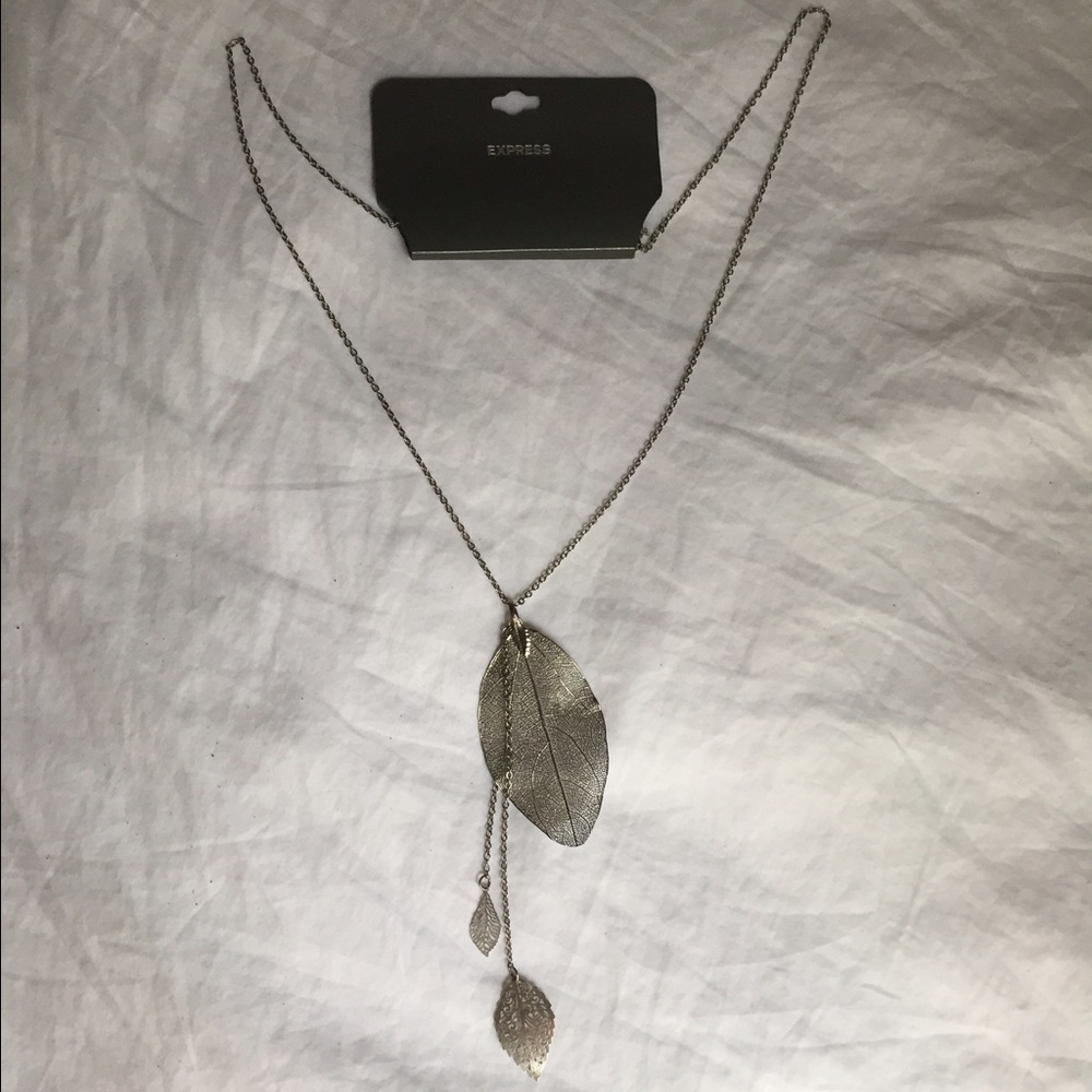 Silver metal leaf charm long necklace