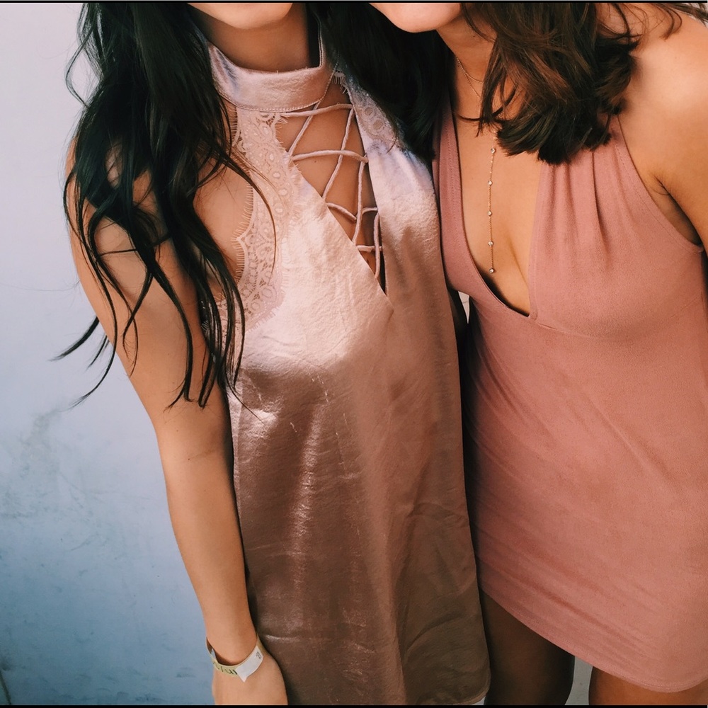 LF Satin Pink Lace Up Style Dress with Lace Trim