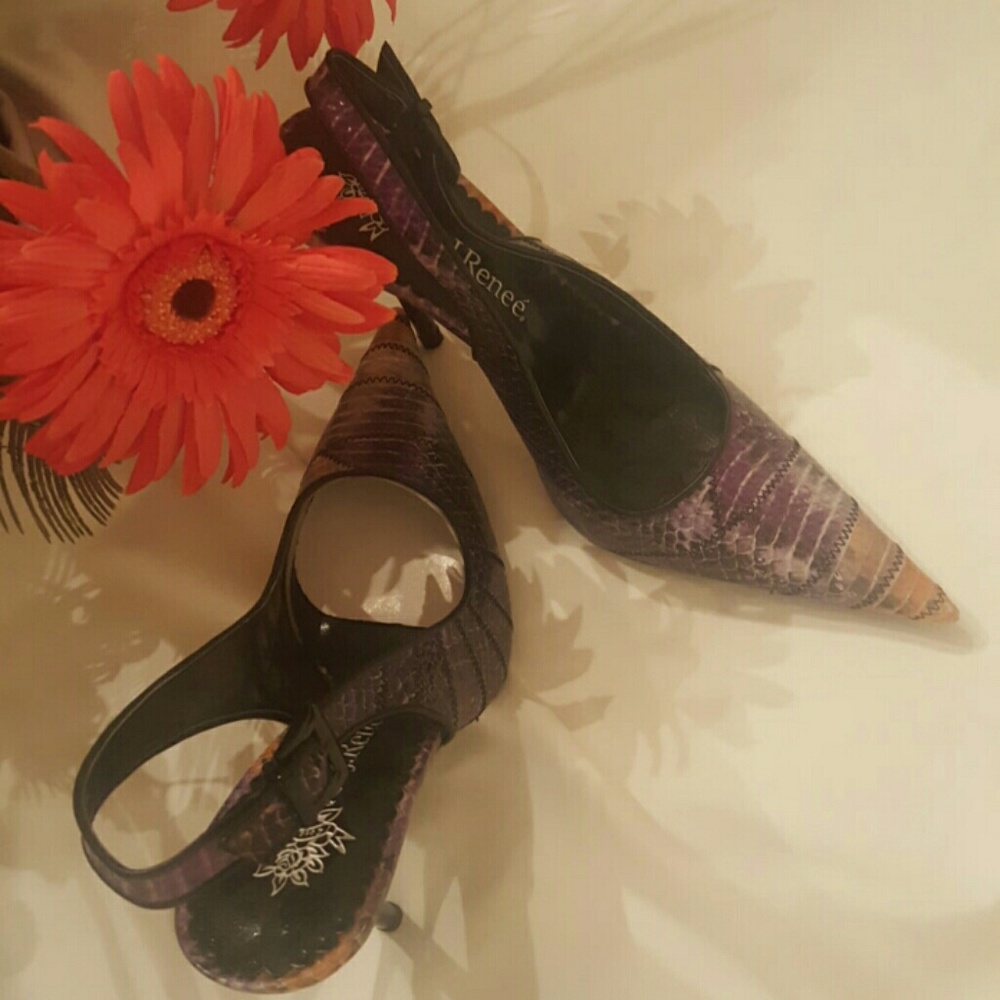 Purple faux snake skin slingback heel