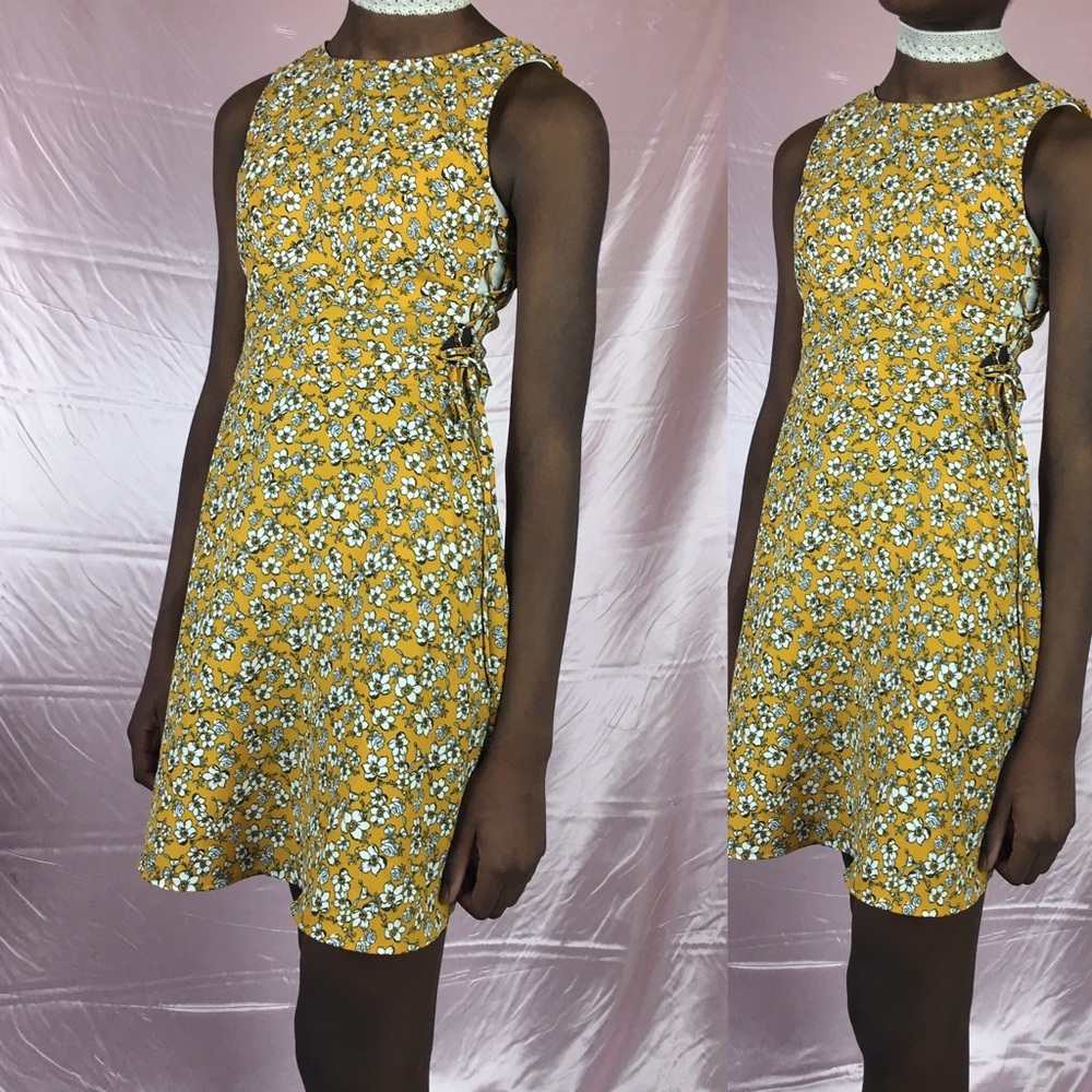 Floral Print A-Line Mini Dress with Lace up sides