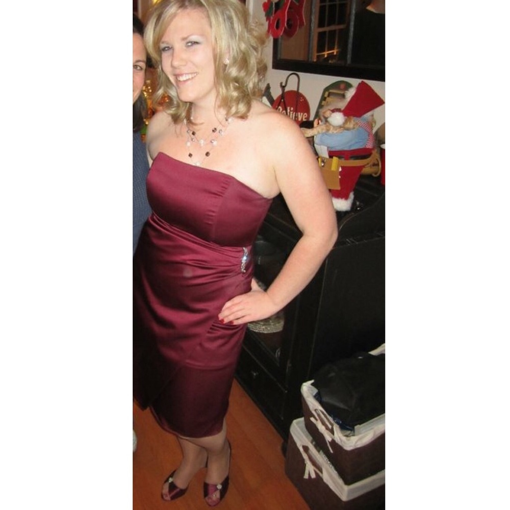 Satin dress with side drape & brooch