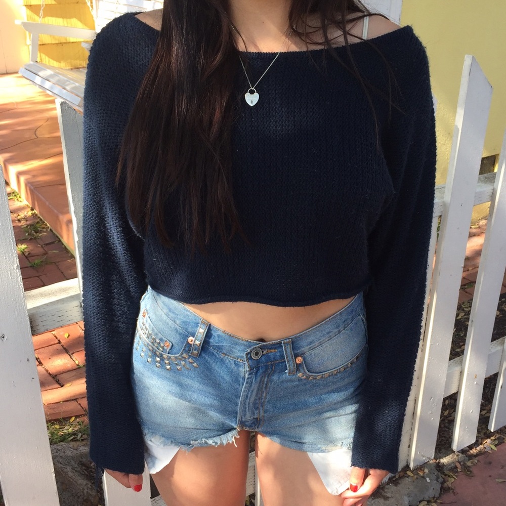 Navy blue knit crop sweater