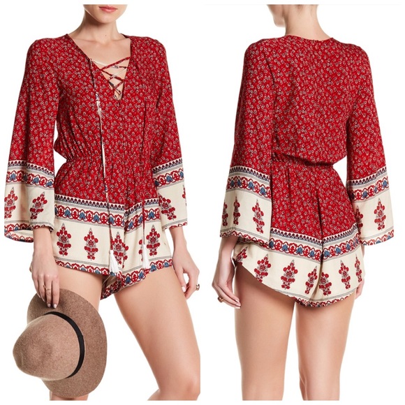 Nasty Gal Pants - NWT Reverse Lace Up Printed Romper