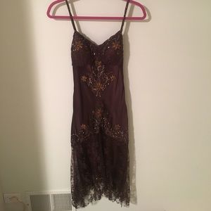 Sue Wong Brown Beaded and Lace Dress - Size 6
