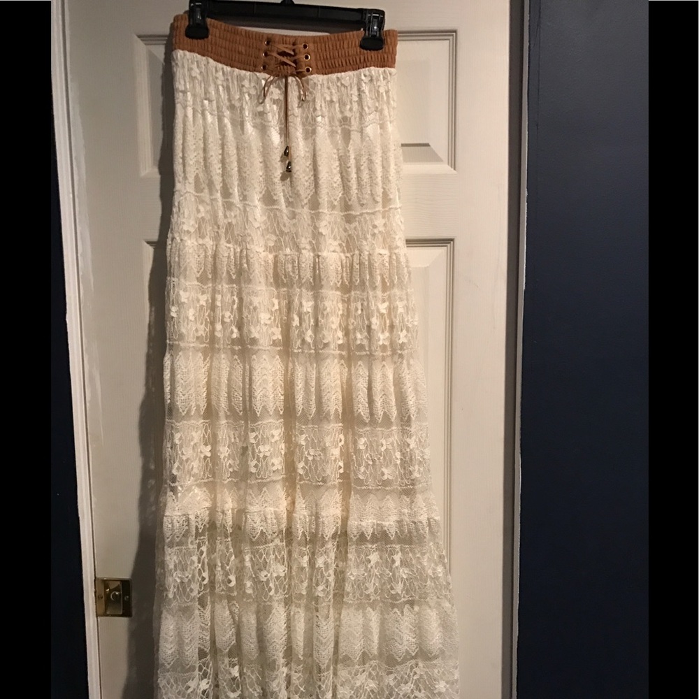 Long lace cream skirt with brown waist band!