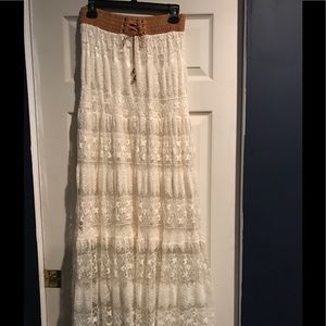 Long lace cream skirt with brown waist band!