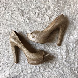 Nine West Shimmery Gold Platform Open Toe Pumps