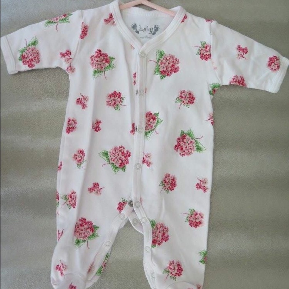 NB - Baby white footie outfit w/ pink flowers