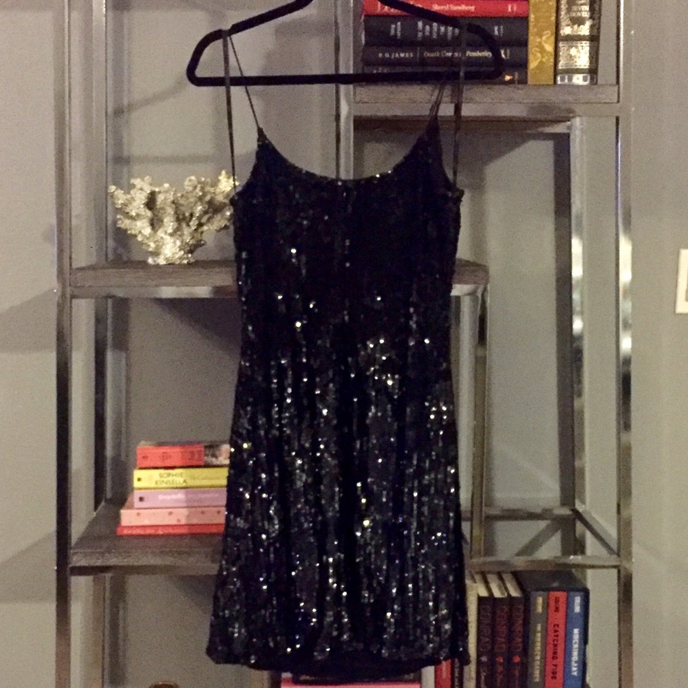Marina Black Sequin Spaghetti Strap Cocktail Dress