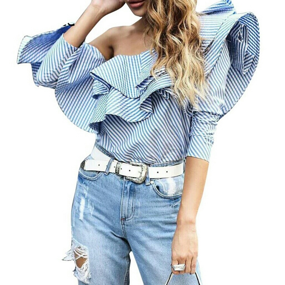 Ruffled striped off shoulder top model muse