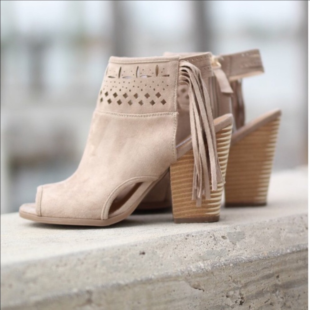 Suede Fringe Peep Toe Ankle Booties - Picture 4 of 6