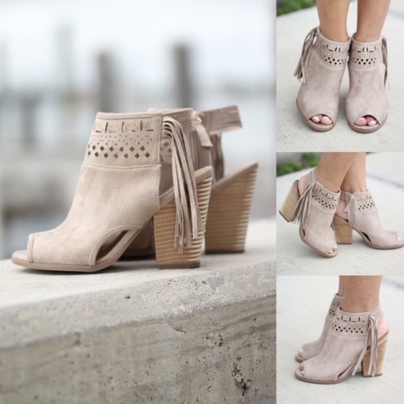 Suede Fringe Peep Toe Ankle Booties - Picture 2 of 6