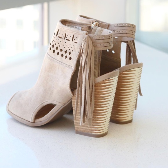 Suede Fringe Peep Toe Ankle Booties - Picture 5 of 6