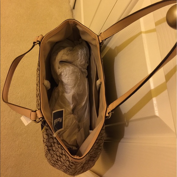 Coach khaki and navy/yellow striped shoulder bag. - Picture 3 of 4