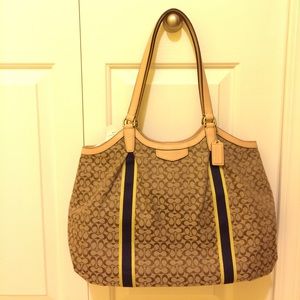 Coach khaki and navy/yellow striped shoulder bag.