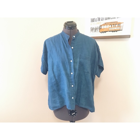 Everlane Linen Collarless Square Shirt Indigo 4 - Picture 3 of 3