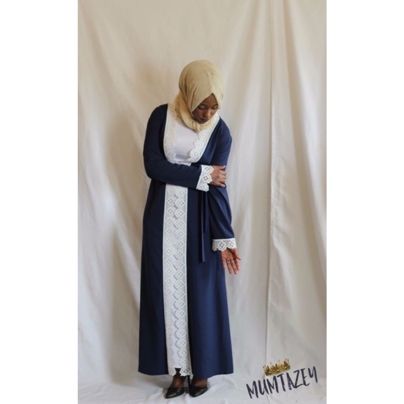 Navy Blue Laced Kimono Open Abaya Kaftan Cover Up - Picture 2 of 7