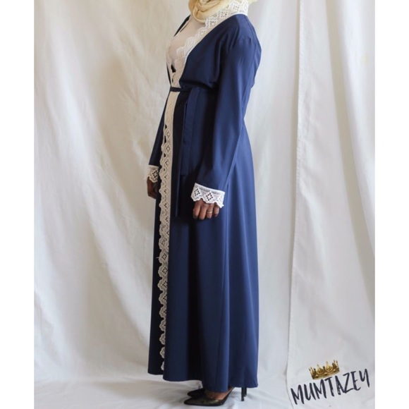 Navy Blue Laced Kimono Open Abaya Kaftan Cover Up - Picture 4 of 7