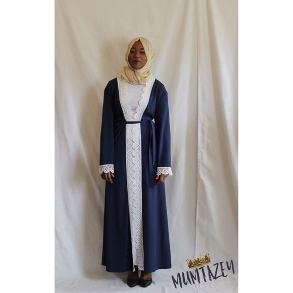 Navy Blue Laced Kimono Open Abaya Kaftan Cover Up - Picture 5 of 7