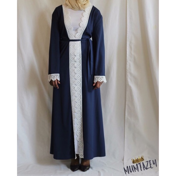 Navy Blue Laced Kimono Open Abaya Kaftan Cover Up - Picture 6 of 7