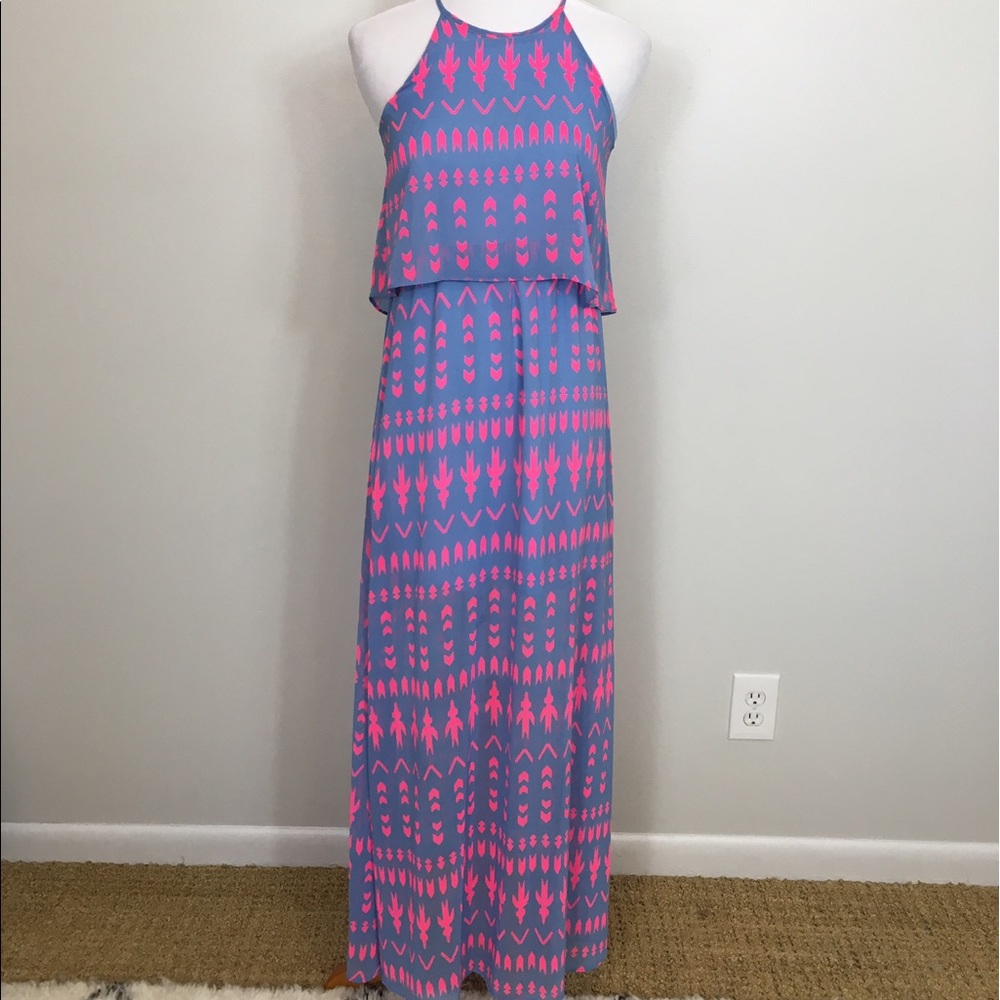 Neon pink and purple geometric maxi dress