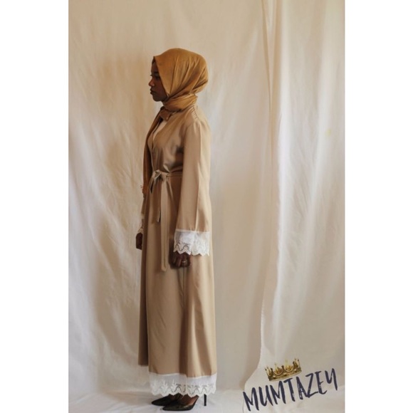 Beige Laced Kimono Open Abaya Kaftan Cover Up - Picture 3 of 7