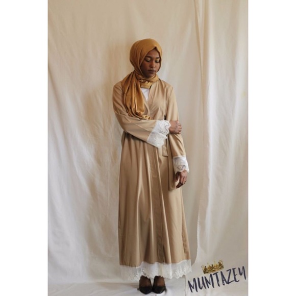 Beige Laced Kimono Open Abaya Kaftan Cover Up - Picture 5 of 7