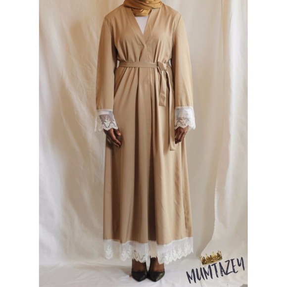 Beige Laced Kimono Open Abaya Kaftan Cover Up - Picture 6 of 7