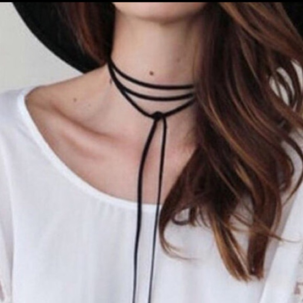 Boho Black Seude Leather Choker Wrap Necklace