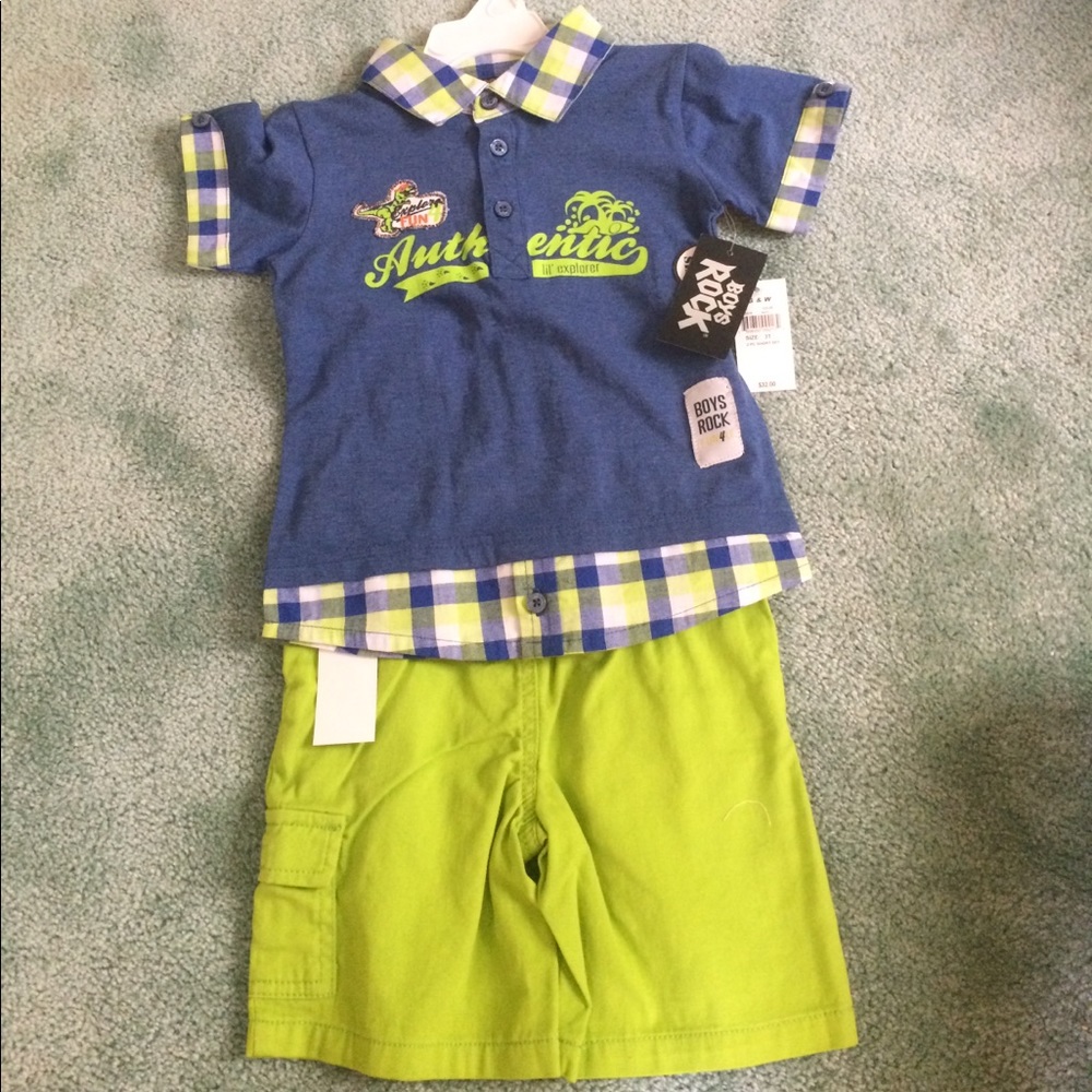 NWT boys 3T 2 piece blue & green shorts set