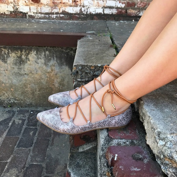 Snake Print Pointed Toe Ankle Lace Up Ballet Flats - Picture 2 of 4