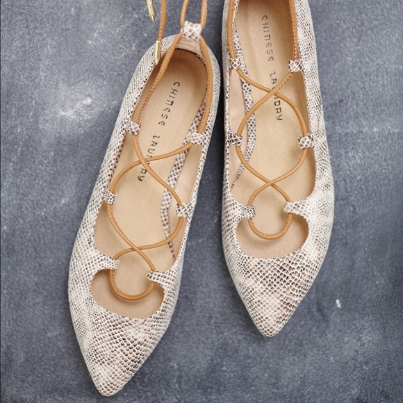 Snake Print Pointed Toe Ankle Lace Up Ballet Flats - Picture 3 of 4