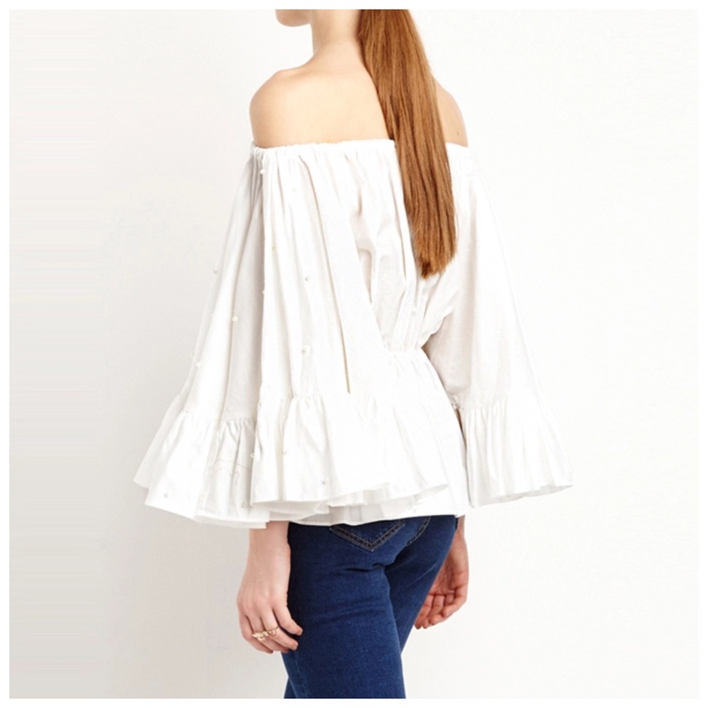 White Pearl Accent Off The Shoulder Top - Picture 2 of 9