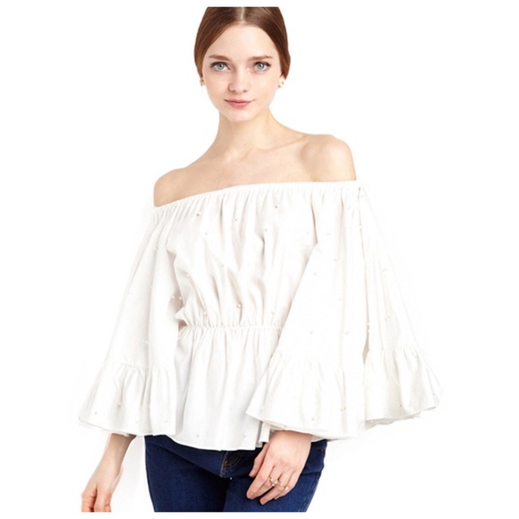 White Pearl Accent Off The Shoulder Top - Picture 3 of 7