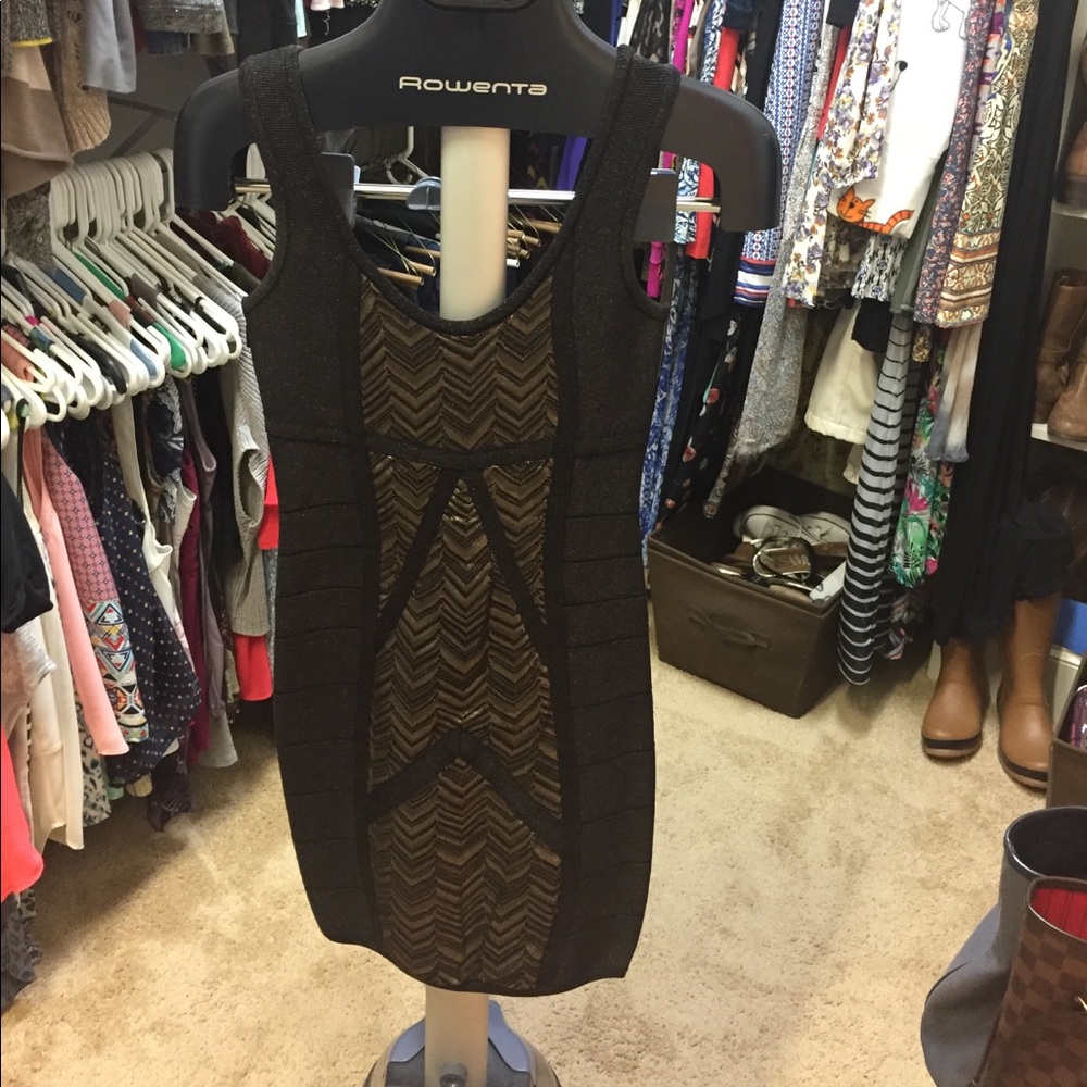 Bebe bodycon black and gold dress