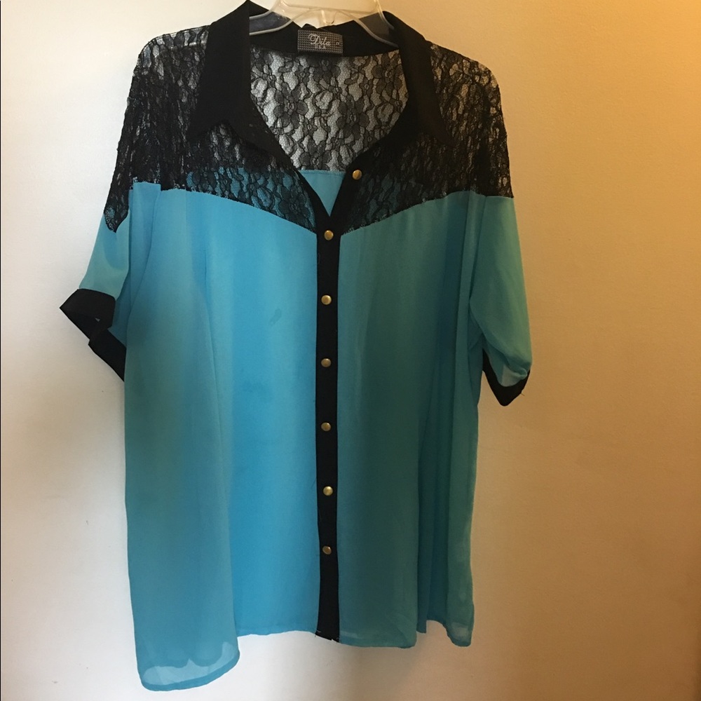 Light Blue Shirt with Black Lace Top