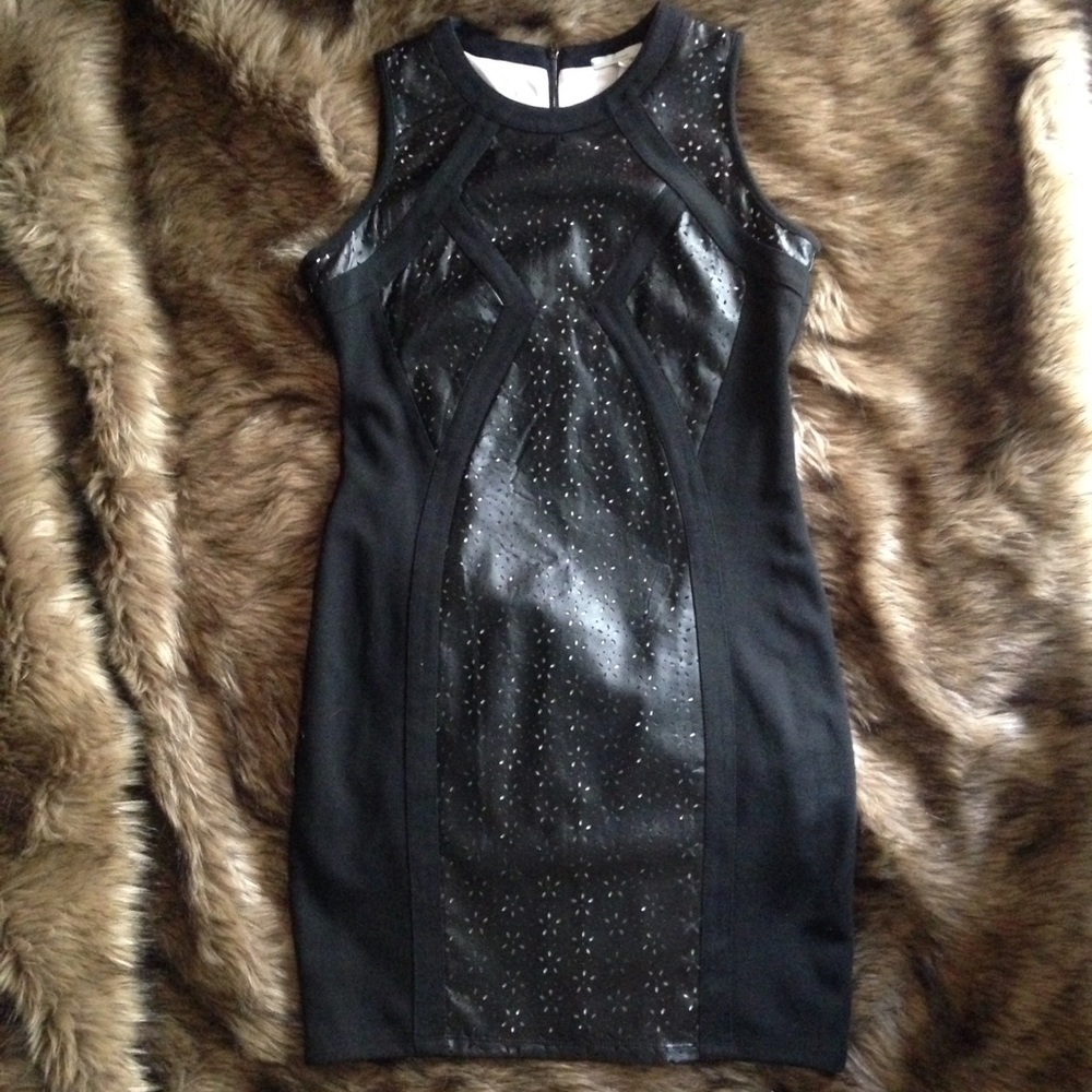 Black dress with faux leather accents