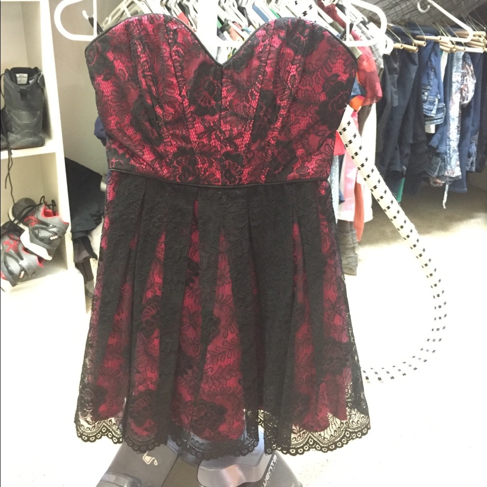 Bebe black lace pink underneath short dress