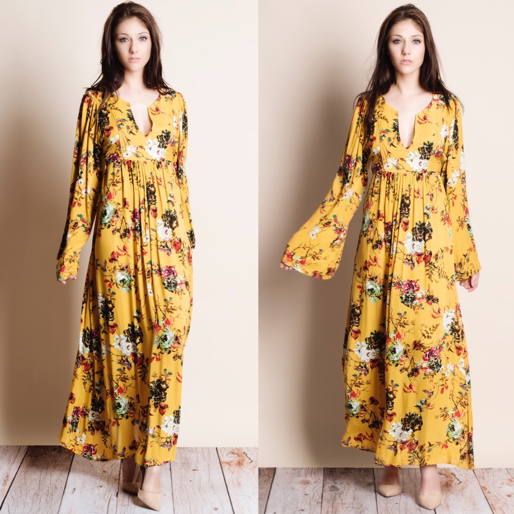 1DAYSALE Mustard Floral Printed Maxi Dress - Picture 1 of 4