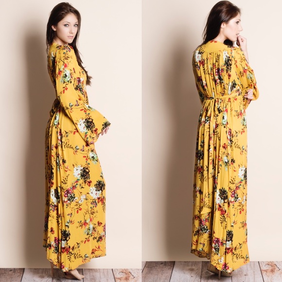 1DAYSALE Mustard Floral Printed Maxi Dress - Picture 2 of 4