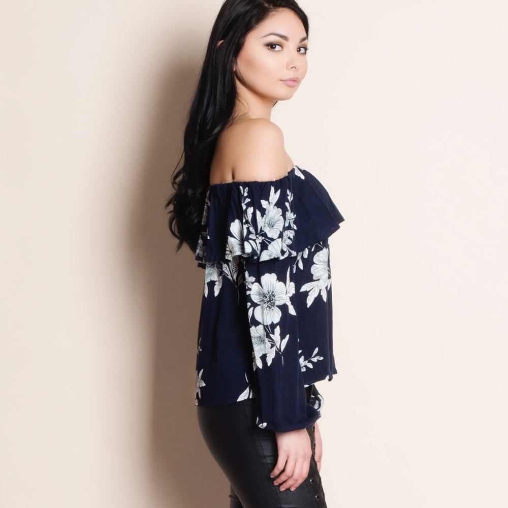 Navy Floral Print Off Shoulder Top - Picture 2 of 4