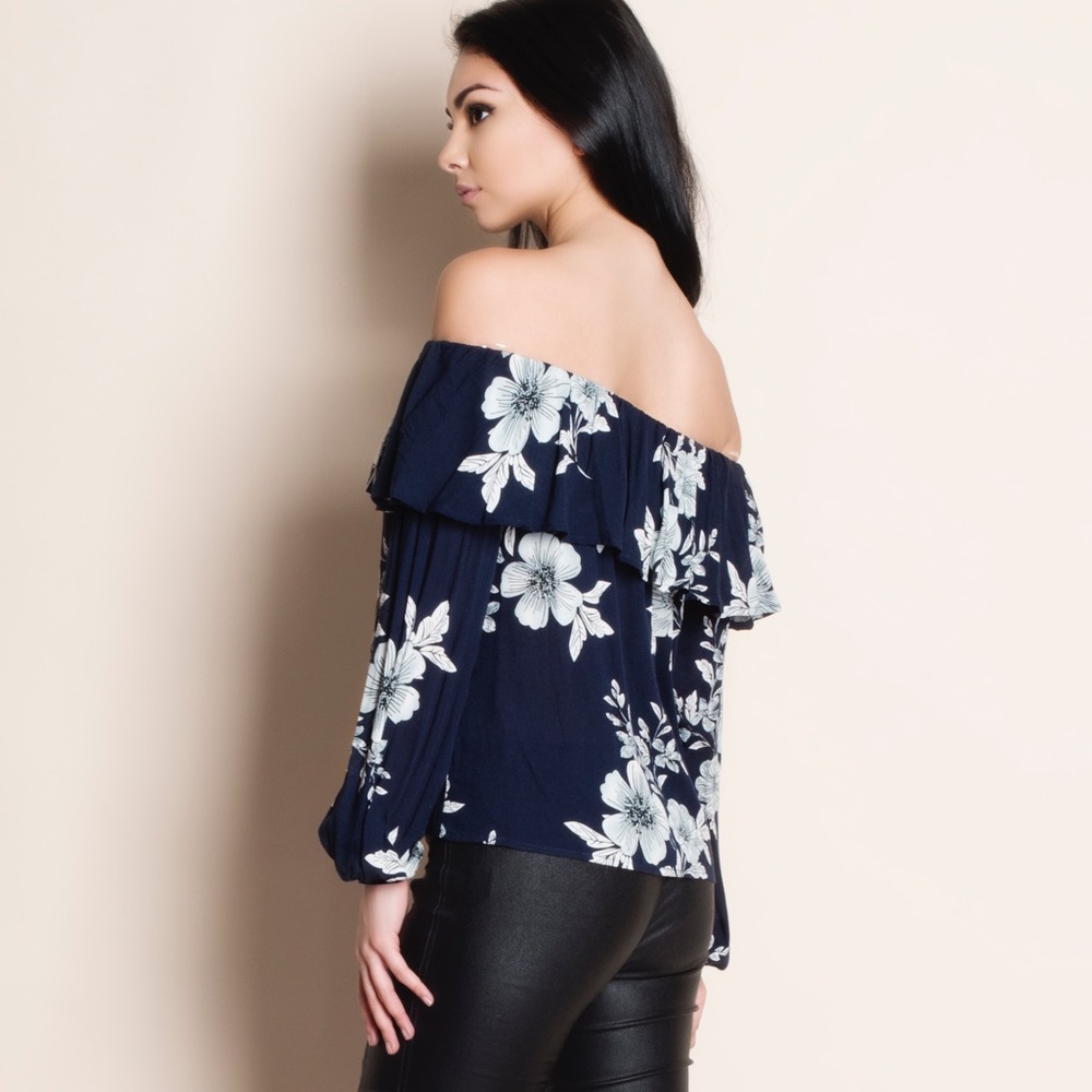 Navy Floral Print Off Shoulder Top - Picture 3 of 4