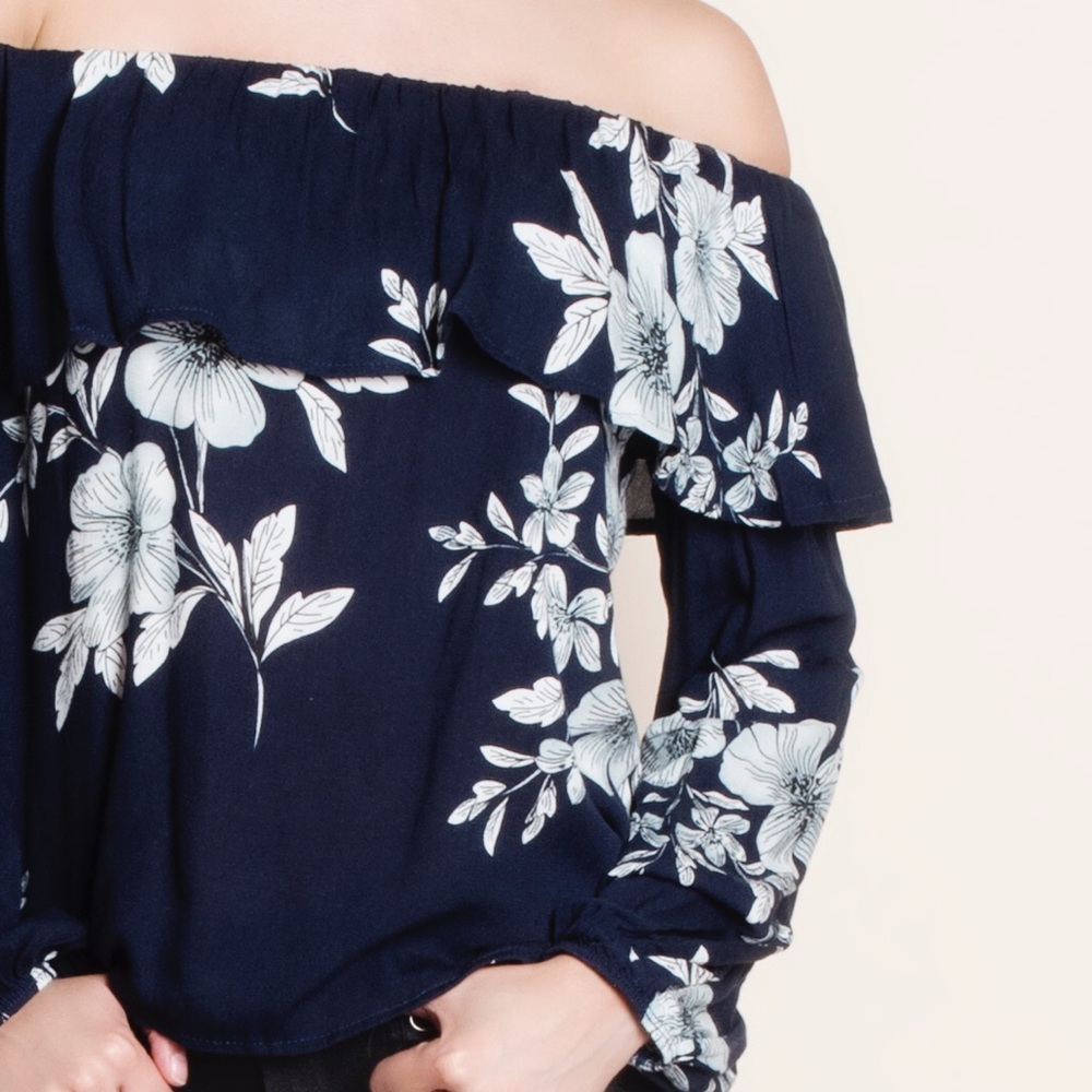 Navy Floral Print Off Shoulder Top - Picture 4 of 4