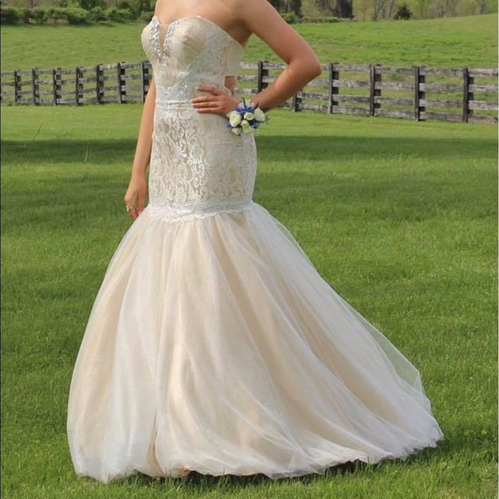 Riva Designs Cream And White Lace Prom Dress. Gem