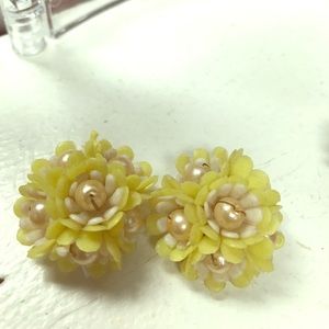 Yellow Flower petals with pearl clip earrings
