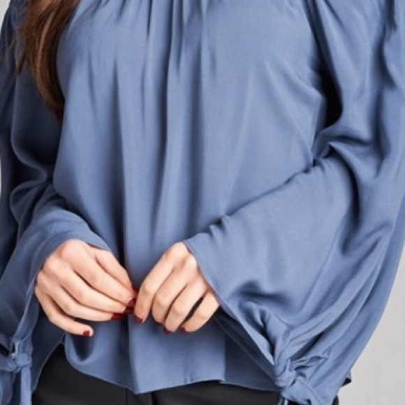 LAST ONE! BLUE CHAMBRAY SATIN OFF THE SHOULDER TOP - Picture 2 of 3